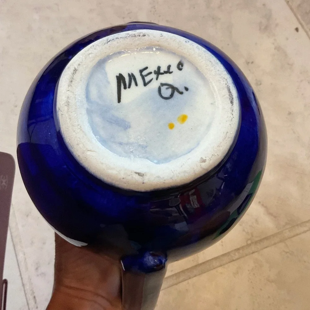 Vintage Mexican Pottery Fruit Teapot Cobalt Blue Hand Painted Ceramic Mexico